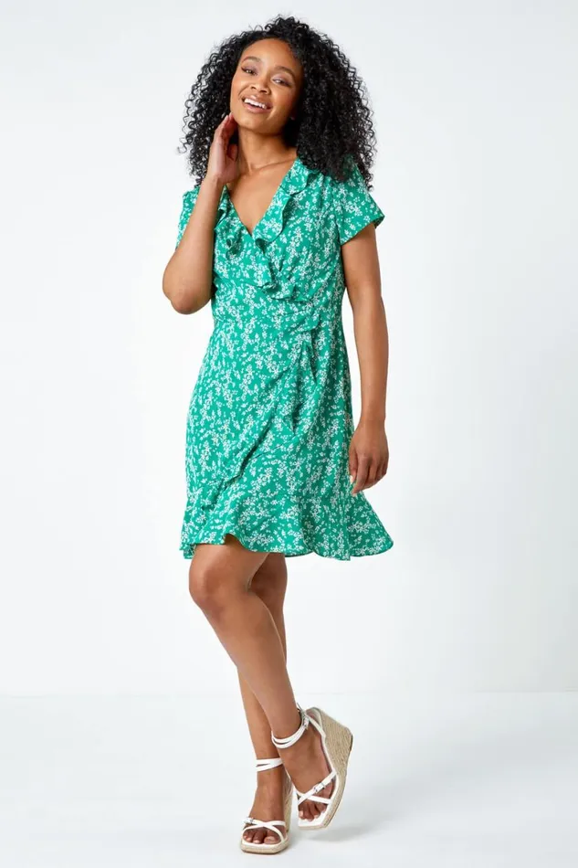 Women Green Petite Floral Print Ruffle Dress Roman Dresses