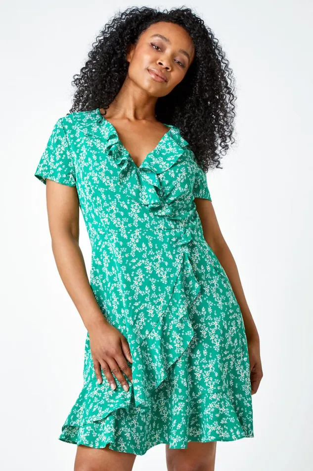 Women Green Petite Floral Print Ruffle Dress Roman Dresses