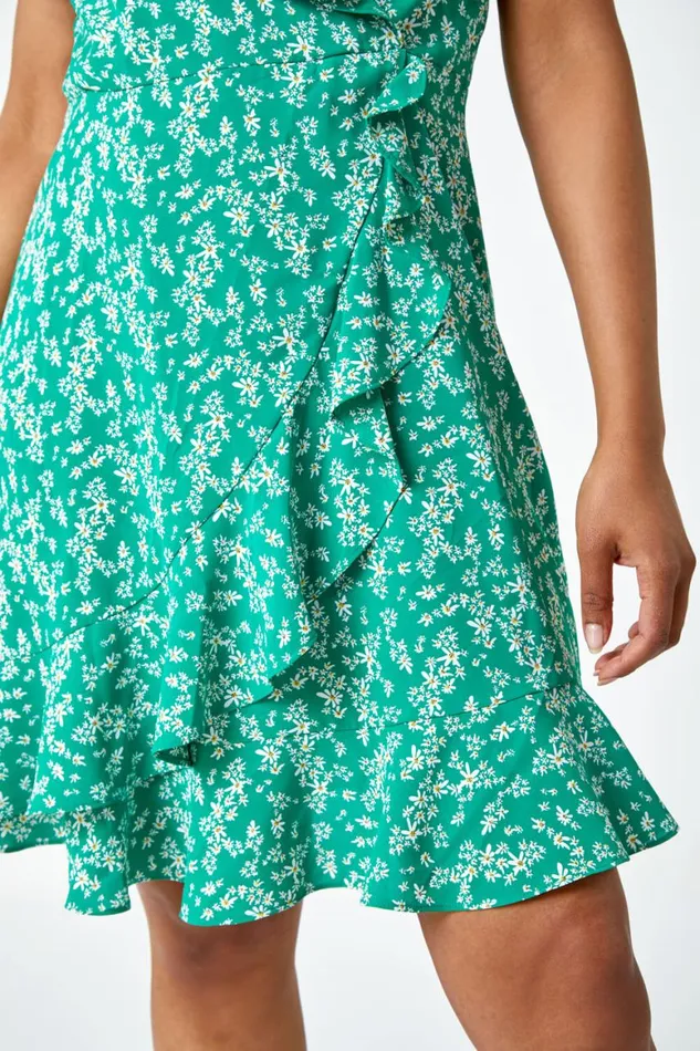 Women Green Petite Floral Print Ruffle Dress Roman Dresses