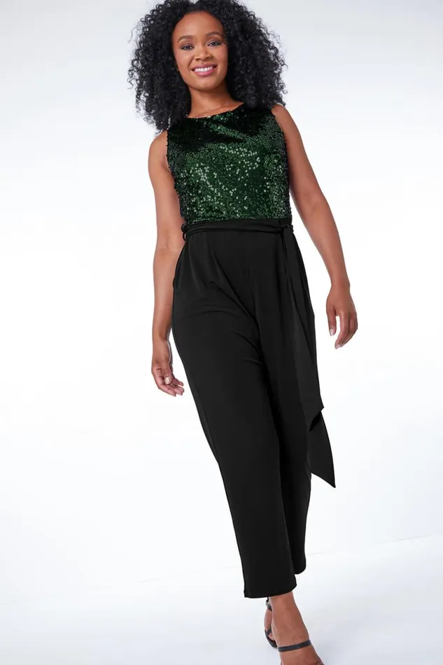Women Green Petite Sequin Embellished Jumpsuit Roman Dresses
