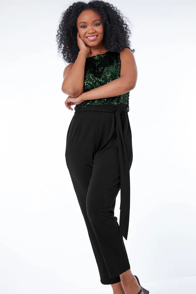 Women Green Petite Sequin Embellished Jumpsuit Roman Dresses