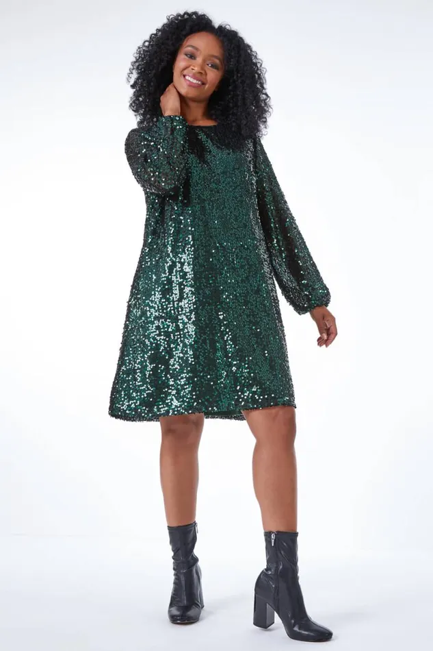 Women Green Petite Sequin Shift Dress Roman Dresses