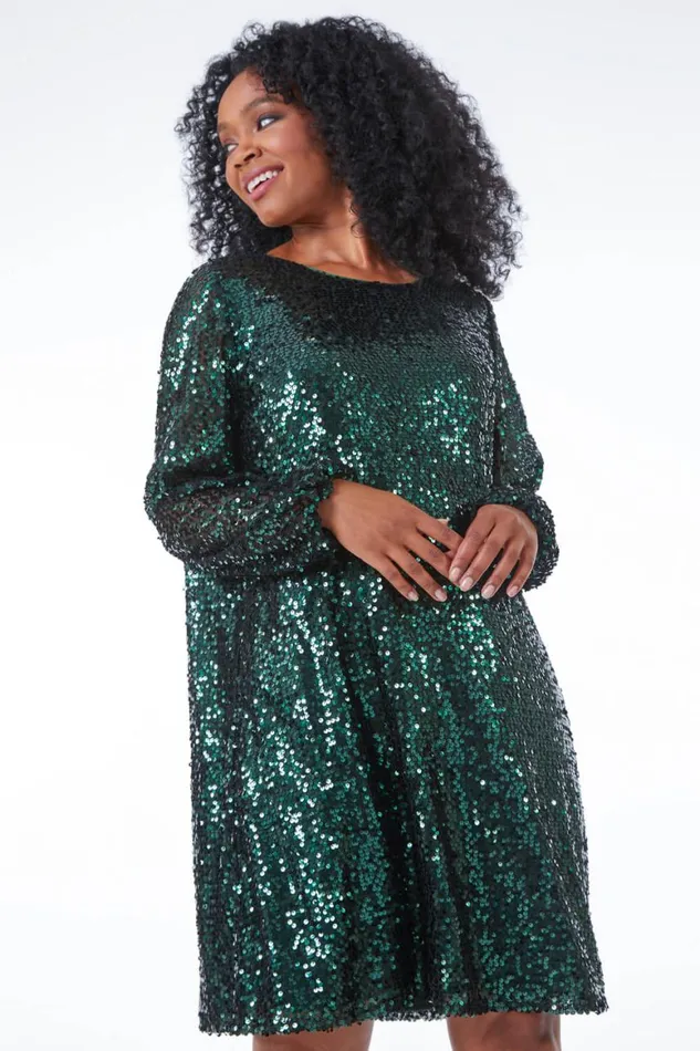 Women Green Petite Sequin Shift Dress Roman Dresses