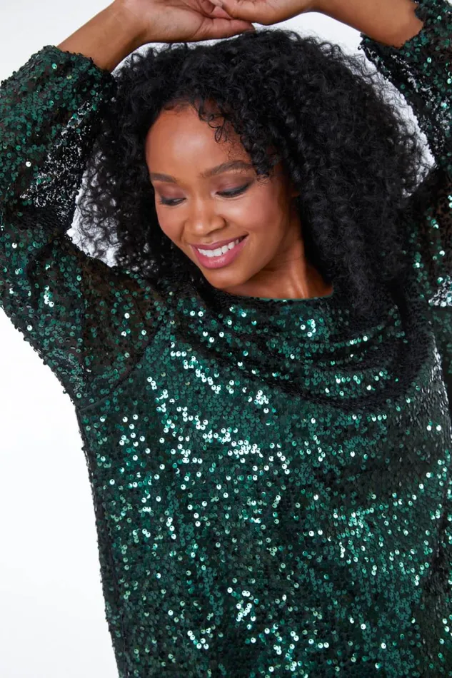 Women Green Petite Sequin Shift Dress Roman Dresses