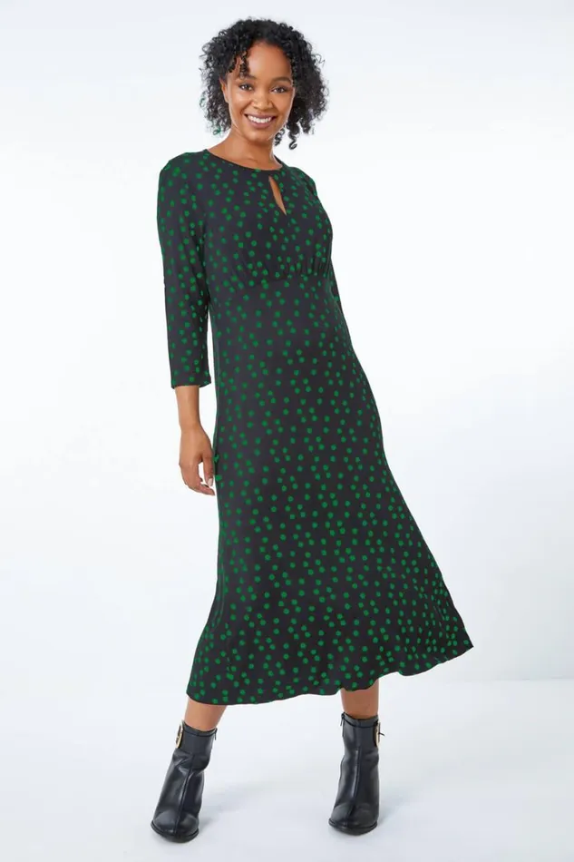 Women Green Petite Spot Print Keyhole Midi Dress Roman Dresses