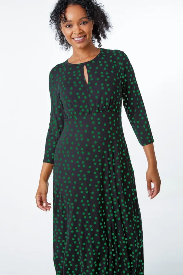 Women Green Petite Spot Print Keyhole Midi Dress Roman Dresses
