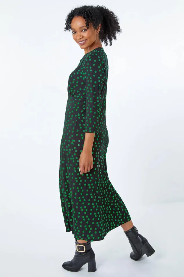 Women Green Petite Spot Print Keyhole Midi Dress Roman Dresses