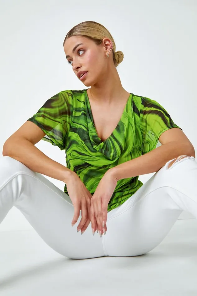 Women Green Swirl Print Stretch Cut Out Top Roman Tops