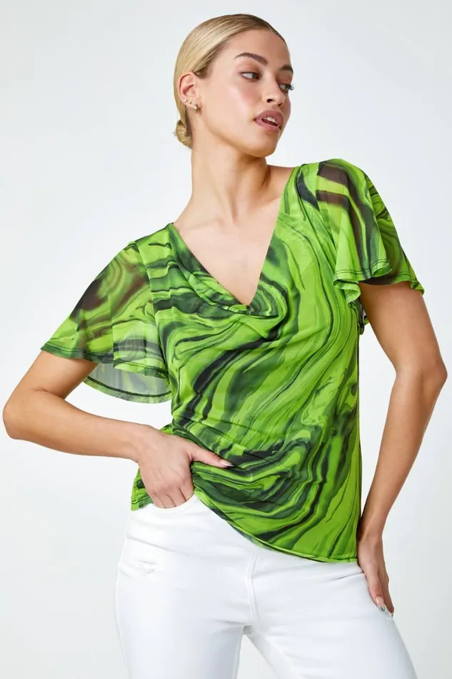 Women Green Swirl Print Stretch Cut Out Top Roman Tops