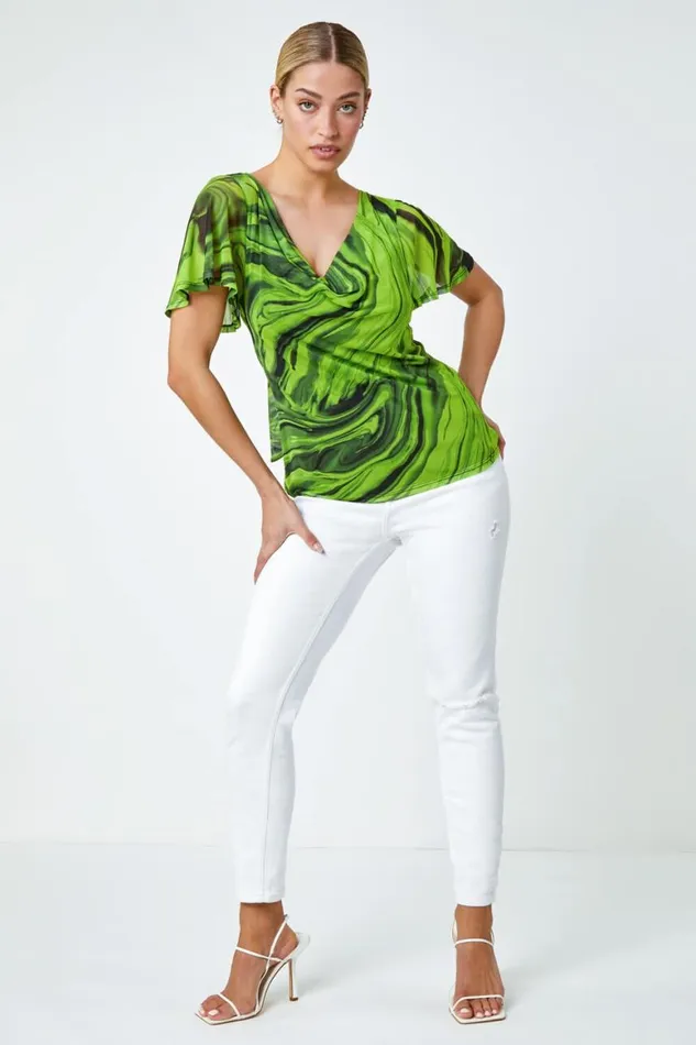 Women Green Swirl Print Stretch Cut Out Top Roman Tops
