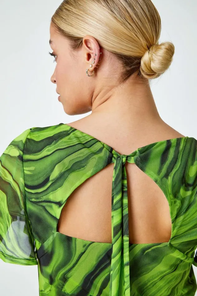 Women Green Swirl Print Stretch Cut Out Top Roman Tops