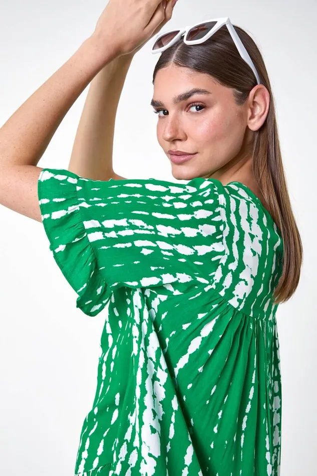 Women Green Tie Dye Dipped Hem Frill Detail Top Roman Tops