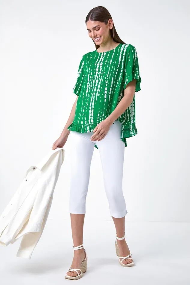 Women Green Tie Dye Dipped Hem Frill Detail Top Roman Tops