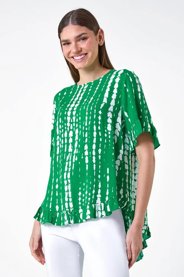 Women Green Tie Dye Dipped Hem Frill Detail Top Roman Tops