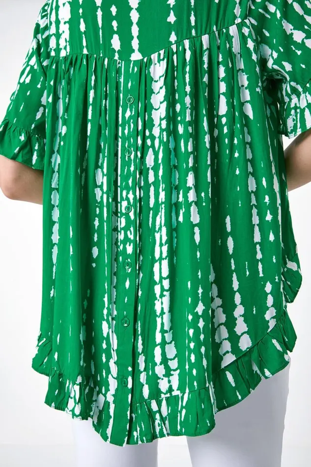Women Green Tie Dye Dipped Hem Frill Detail Top Roman Tops