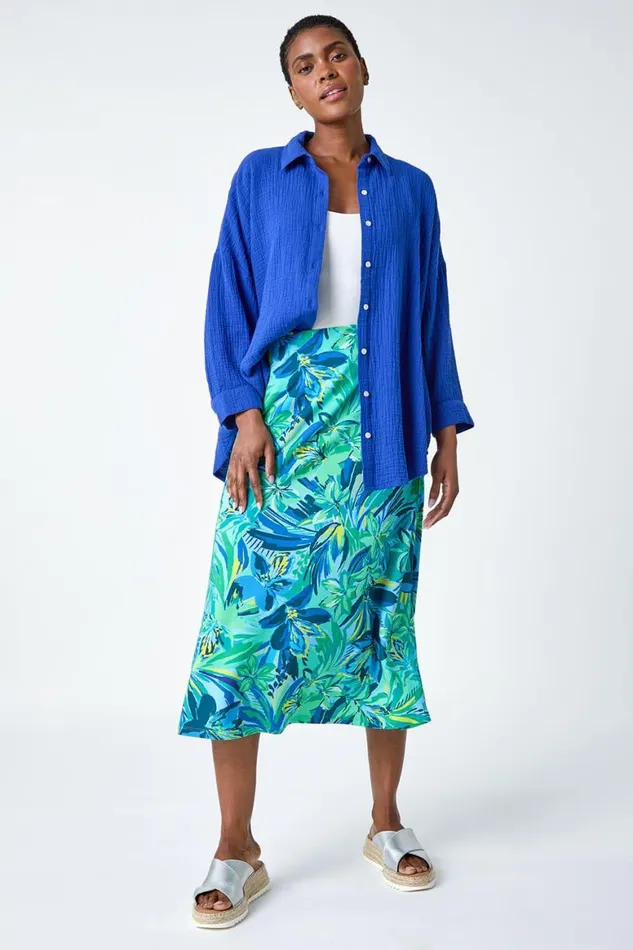 Women Green Tropical Floral Stretch Panel A Line Skirt Roman Skirts