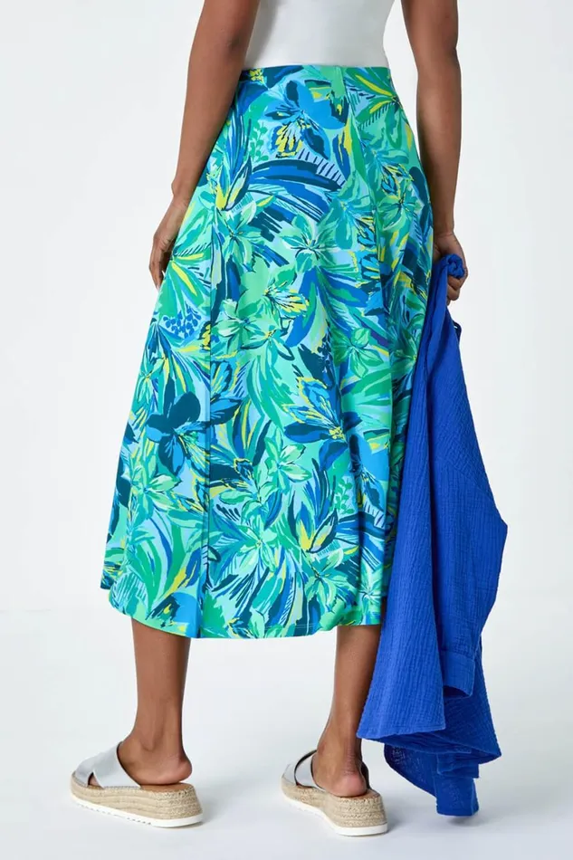 Women Green Tropical Floral Stretch Panel A Line Skirt Roman Skirts