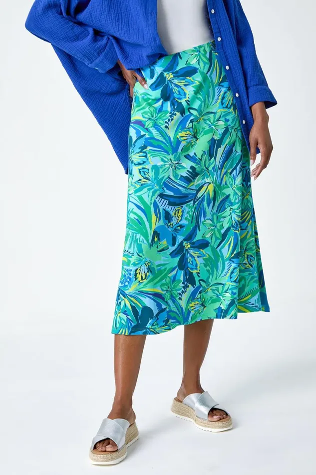 Women Green Tropical Floral Stretch Panel A Line Skirt Roman Skirts