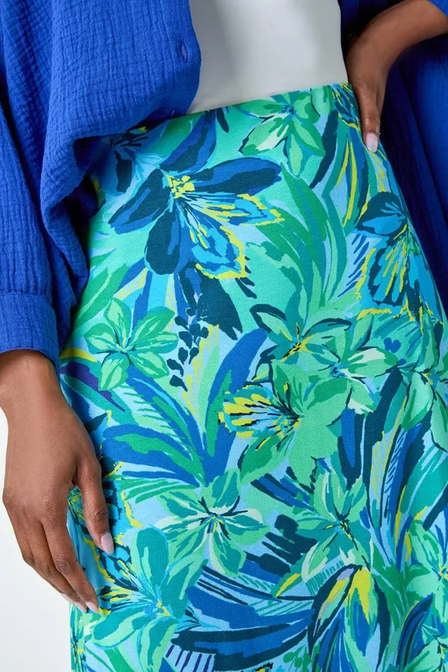 Women Green Tropical Floral Stretch Panel A Line Skirt Roman Skirts
