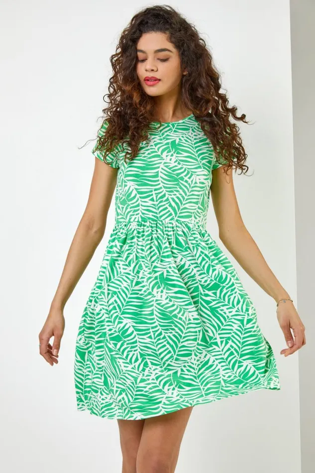 Women Green Tropical Leaf Print Jersey Dress Roman Dresses