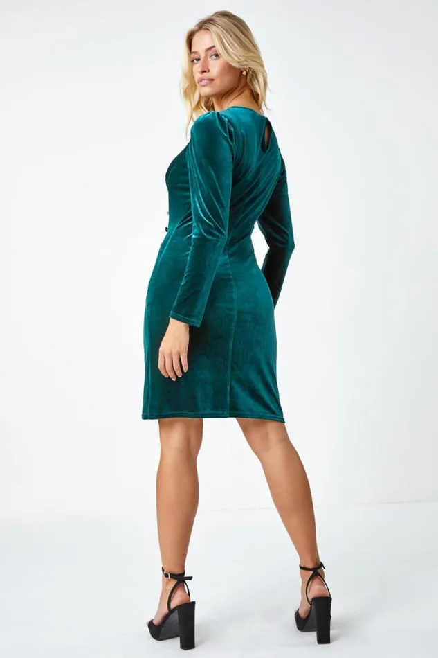 Women Green Velvet Button Detail Ruched Stretch Dress Roman Dresses