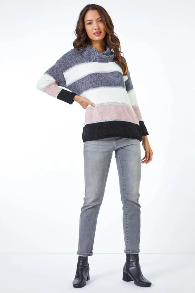Women Grey Chenille Colour Block Jumper Roman Knitwear