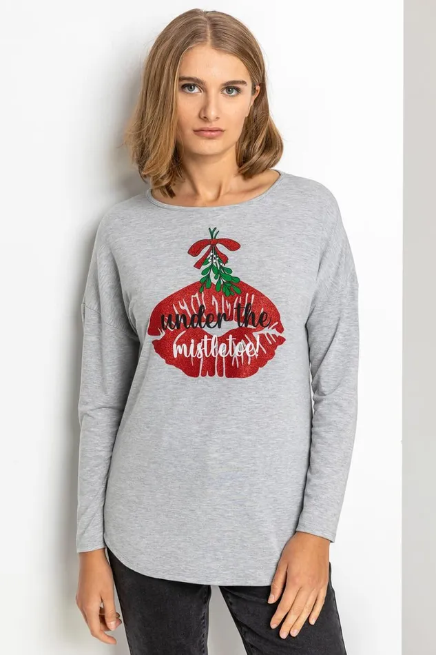 Women Grey Christmas Mistletoe Motif Jersey Top Roman Tops