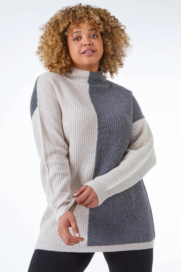 Women Grey Curve Colourblock Knitted Jumper Roman Knitwear