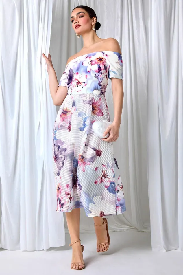Women Grey Floral Print Premium Stretch Bardot Dress Roman Dresses