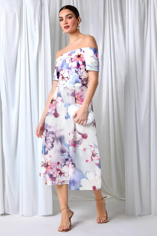 Women Grey Floral Print Premium Stretch Bardot Dress Roman Dresses