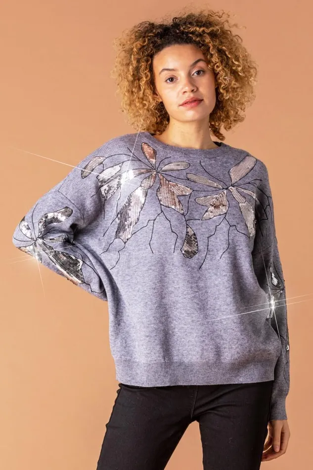 Women Grey Floral Sequin Embellished Jumper Roman Knitwear
