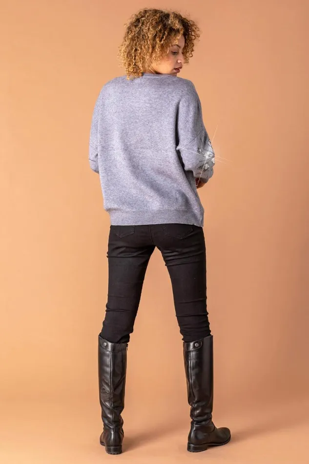 Women Grey Floral Sequin Embellished Jumper Roman Knitwear