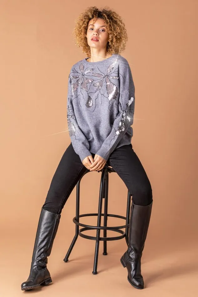 Women Grey Floral Sequin Embellished Jumper Roman Knitwear