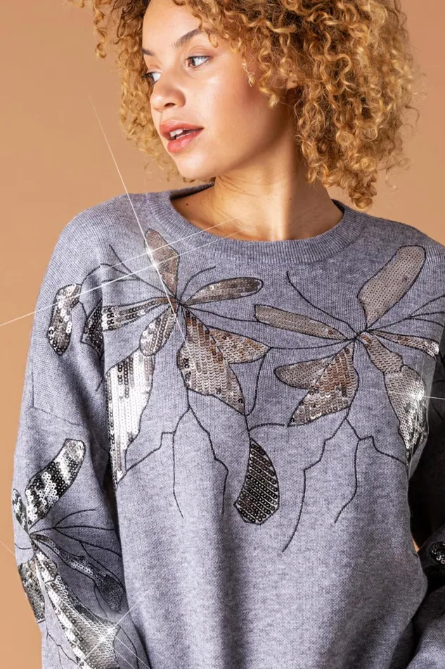 Women Grey Floral Sequin Embellished Jumper Roman Knitwear