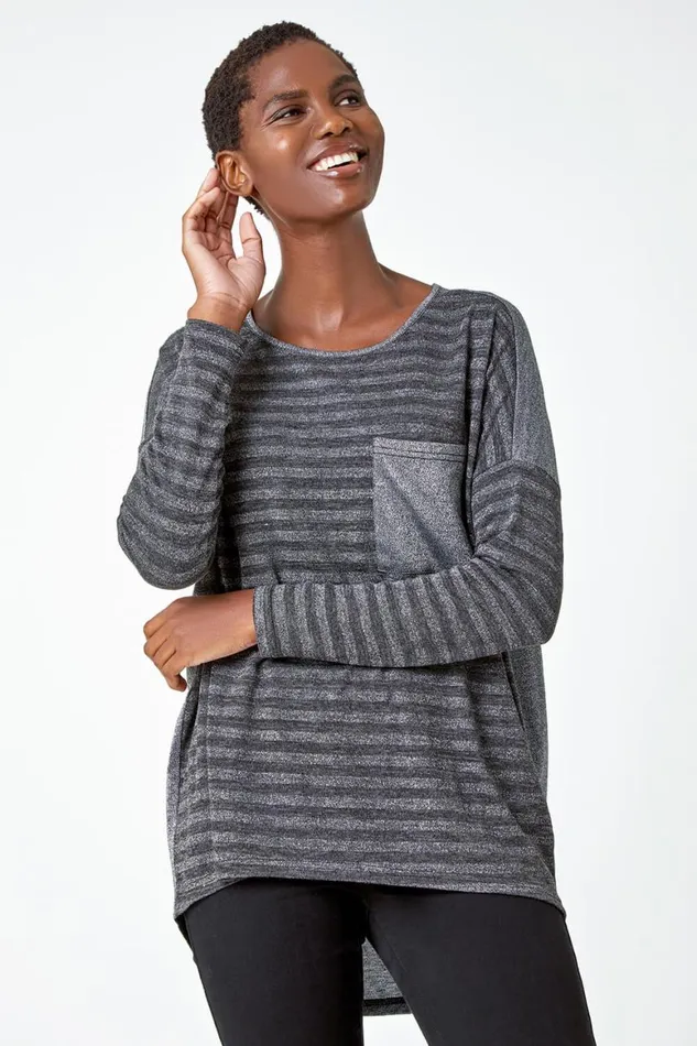 Women Grey Glitter Stripe Pocket Stretch Top Roman Tops