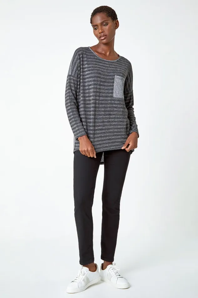Women Grey Glitter Stripe Pocket Stretch Top Roman Tops