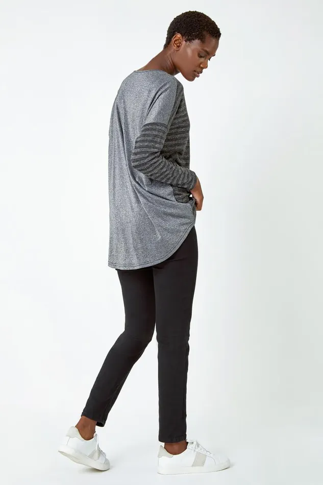 Women Grey Glitter Stripe Pocket Stretch Top Roman Tops