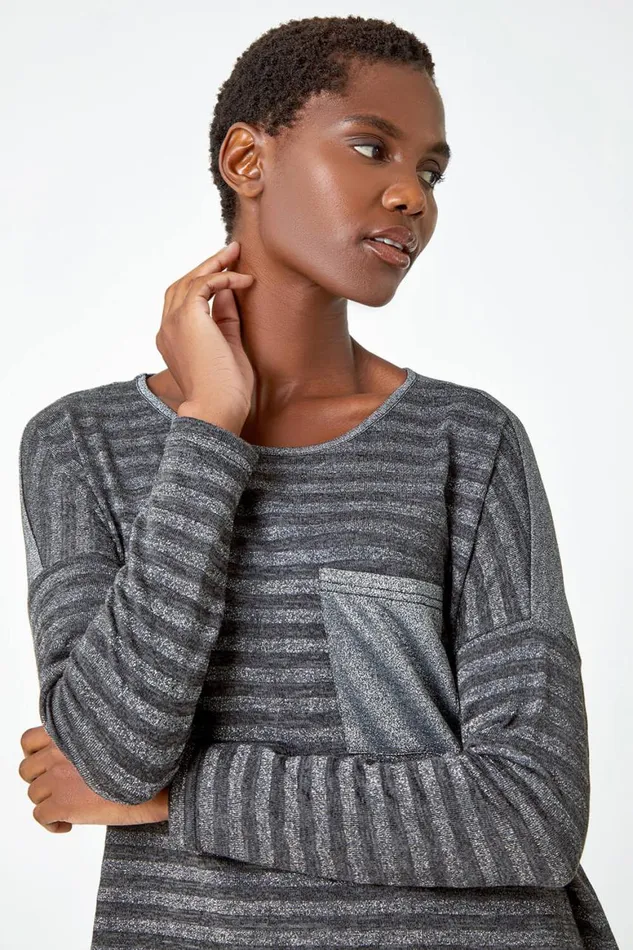 Women Grey Glitter Stripe Pocket Stretch Top Roman Tops