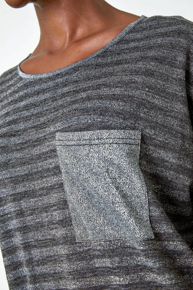 Women Grey Glitter Stripe Pocket Stretch Top Roman Tops