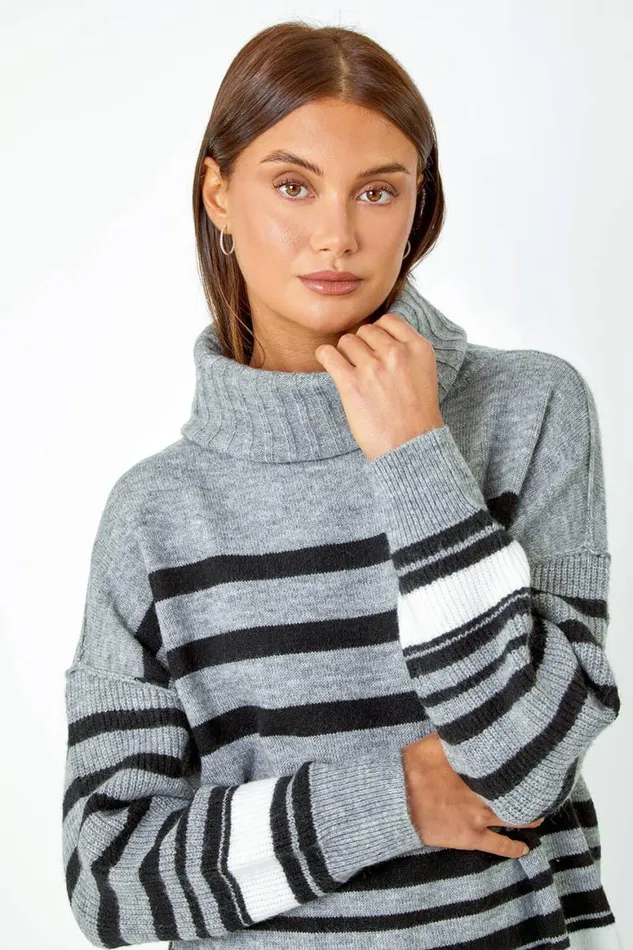 Women Grey Longline Striped Roll Neck Tunic Jumper Roman Knitwear