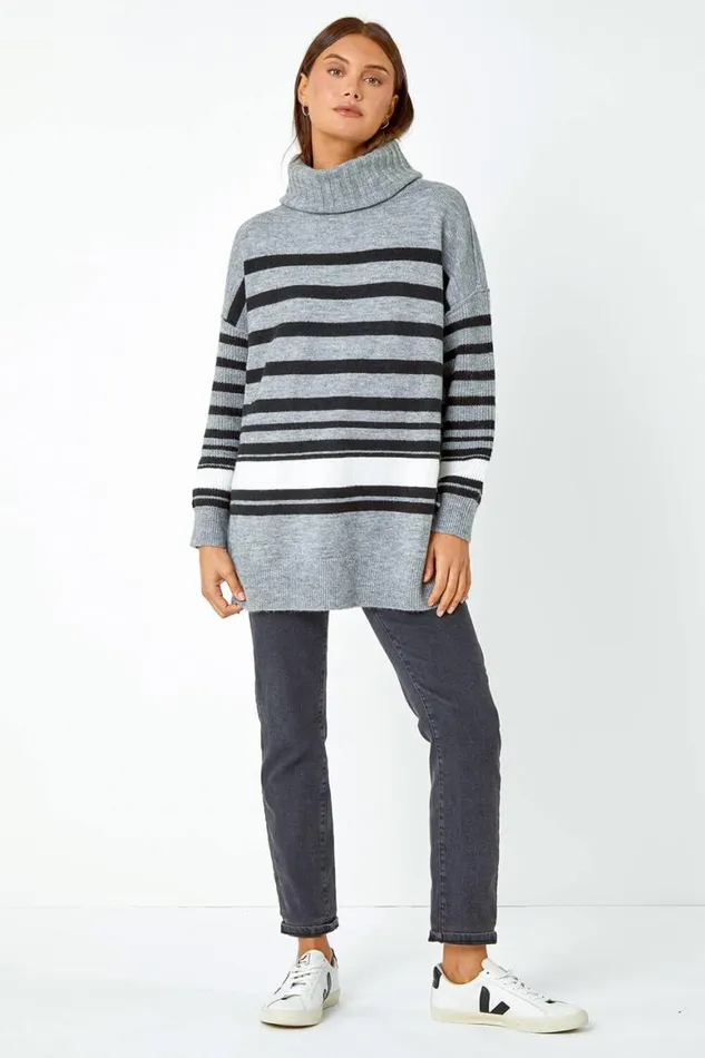 Women Grey Longline Striped Roll Neck Tunic Jumper Roman Knitwear