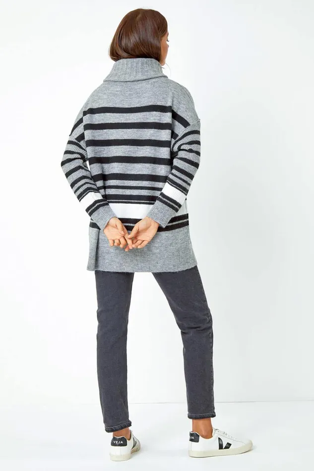 Women Grey Longline Striped Roll Neck Tunic Jumper Roman Knitwear