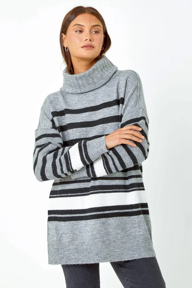 Women Grey Longline Striped Roll Neck Tunic Jumper Roman Knitwear