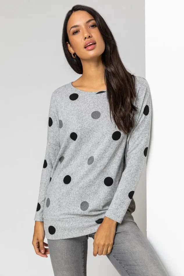 Women Grey Polka Dot Blouson Long Sleeve Jersey Top Roman Tops