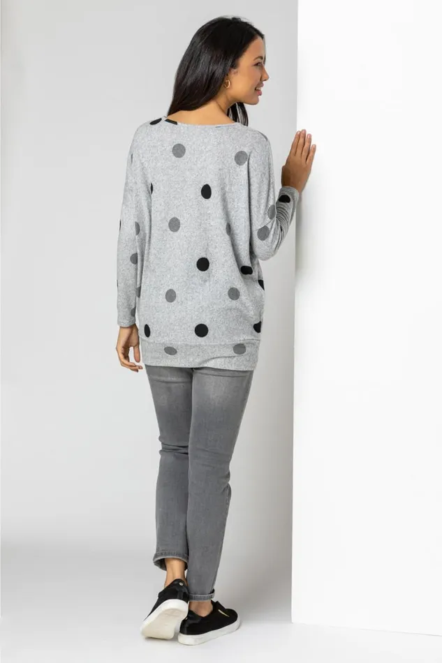 Women Grey Polka Dot Blouson Long Sleeve Jersey Top Roman Tops