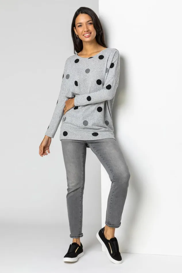 Women Grey Polka Dot Blouson Long Sleeve Jersey Top Roman Tops
