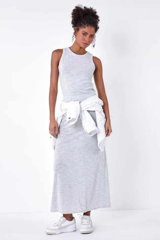 Women Grey Stripe Elastic Waist A Line Maxi Skirt Roman Skirts