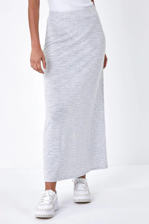 Women Grey Stripe Elastic Waist A Line Maxi Skirt Roman Skirts