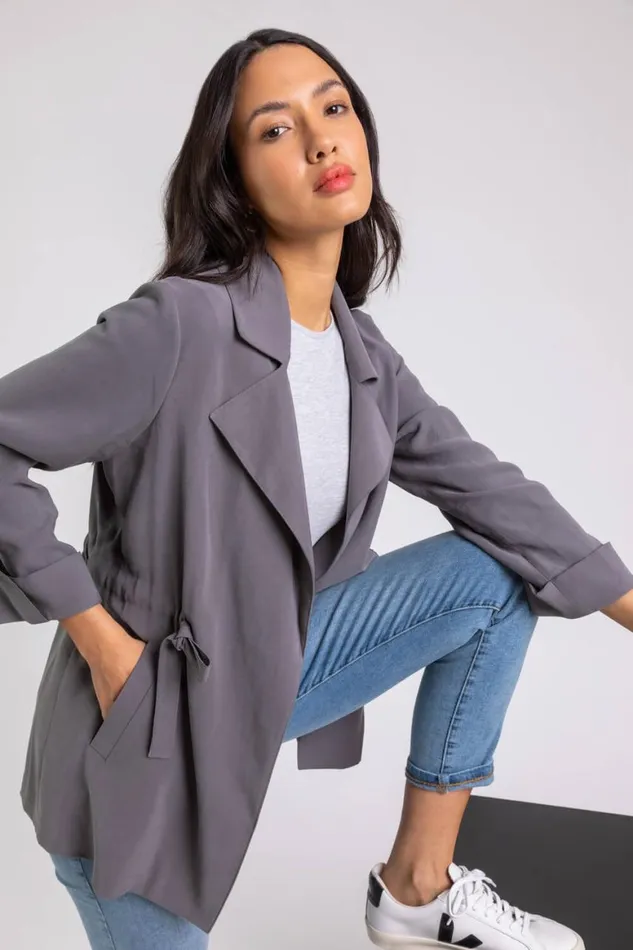 Women Grey Tie Waist Longline Jacket Roman Jackets