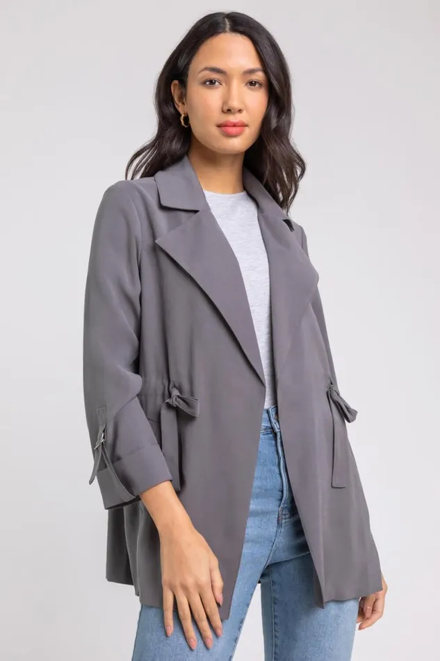 Women Grey Tie Waist Longline Jacket Roman Jackets